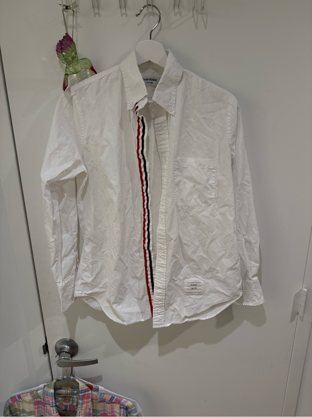White Men’s Button-Down Shirt with Tricolor Stripe